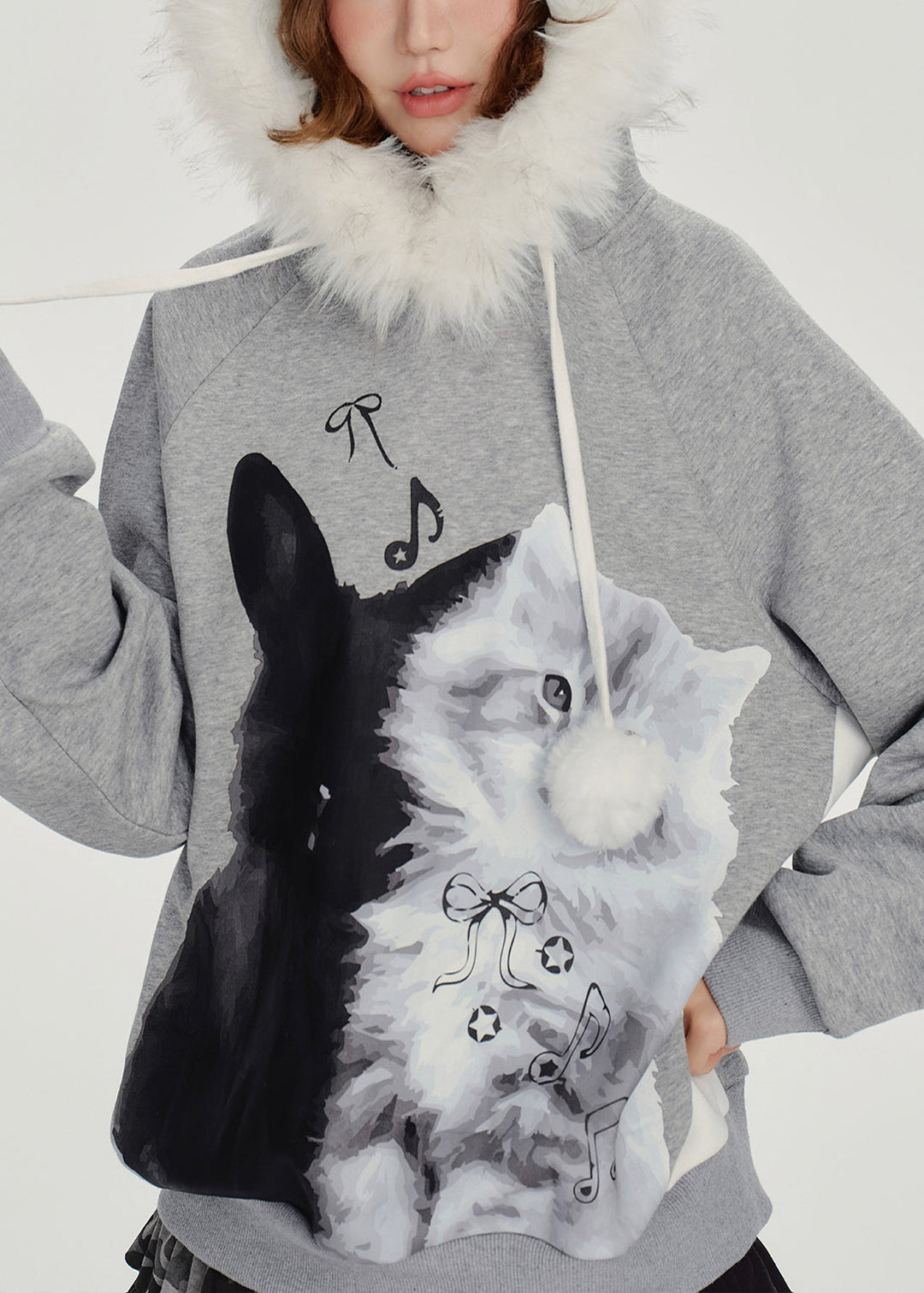 Italian Grey Hooded Print Cotton Pullover Streetwear Winter