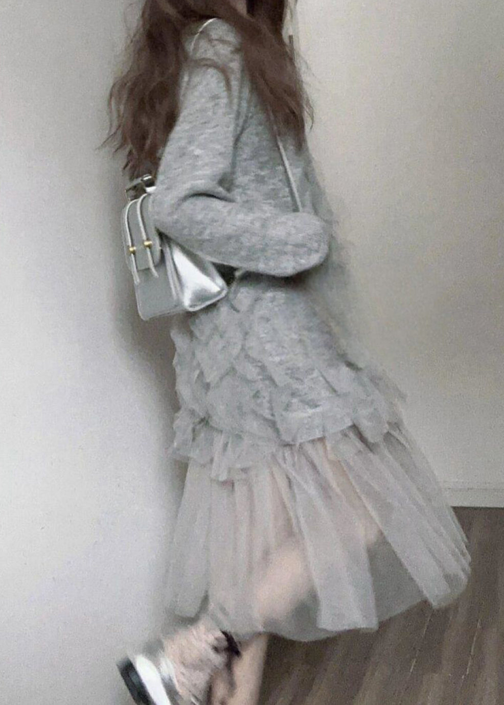 Italian Grey O Neck Tulle Patchwork Knit Long Sweater Fall