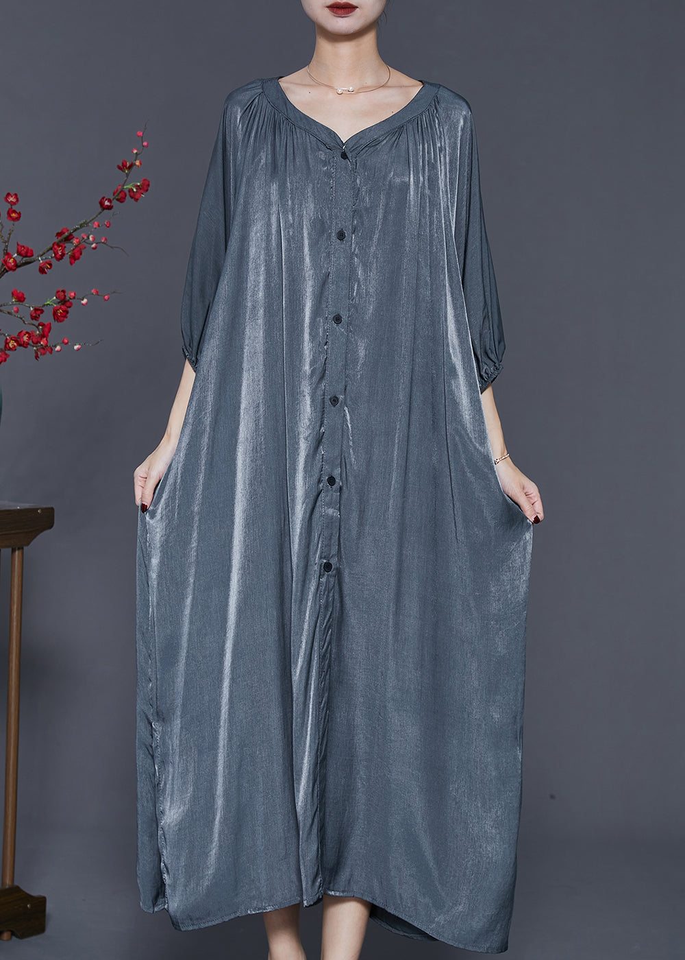 Italian Grey Oversized Linen Silk Long Dresses Summer