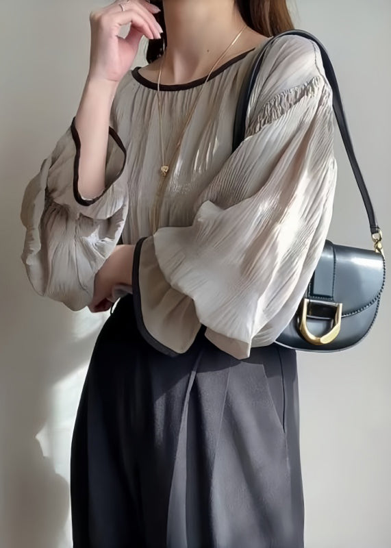 Italian Grey Oversized Wrinkled Chiffon Tops Puff Sleeve
