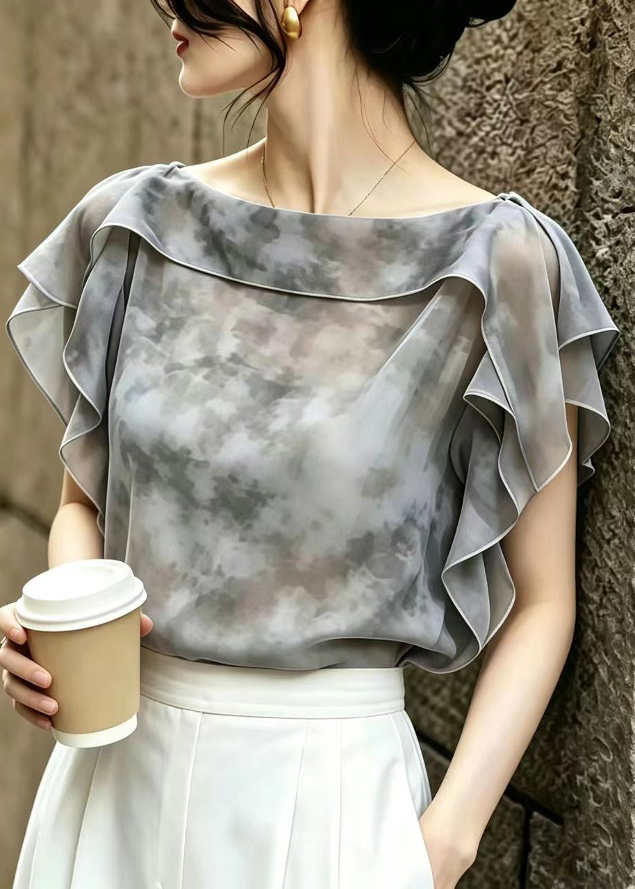 Italian Grey Ruffled Tie Dye Chiffon Top Summer