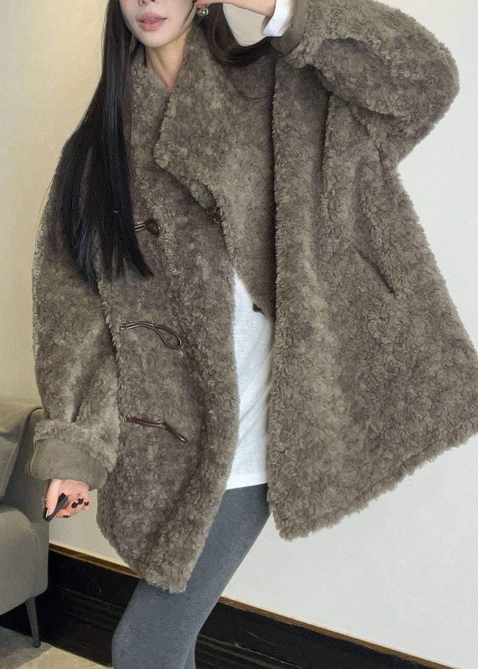 Italian Grey Stand Collar Patchwork Faux Fur Coats Long Sleeve