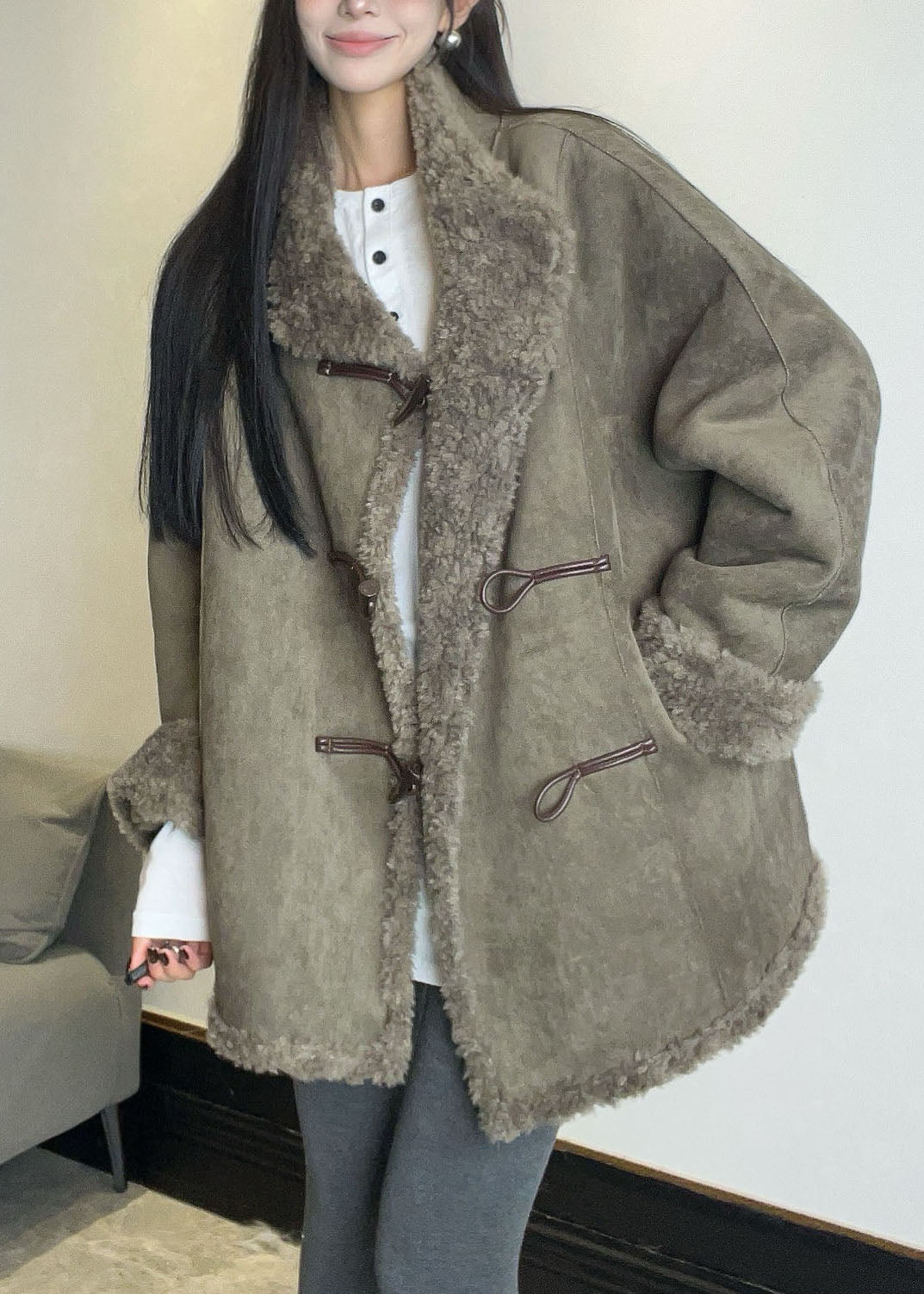 Italian Grey Stand Collar Patchwork Faux Fur Coats Long Sleeve
