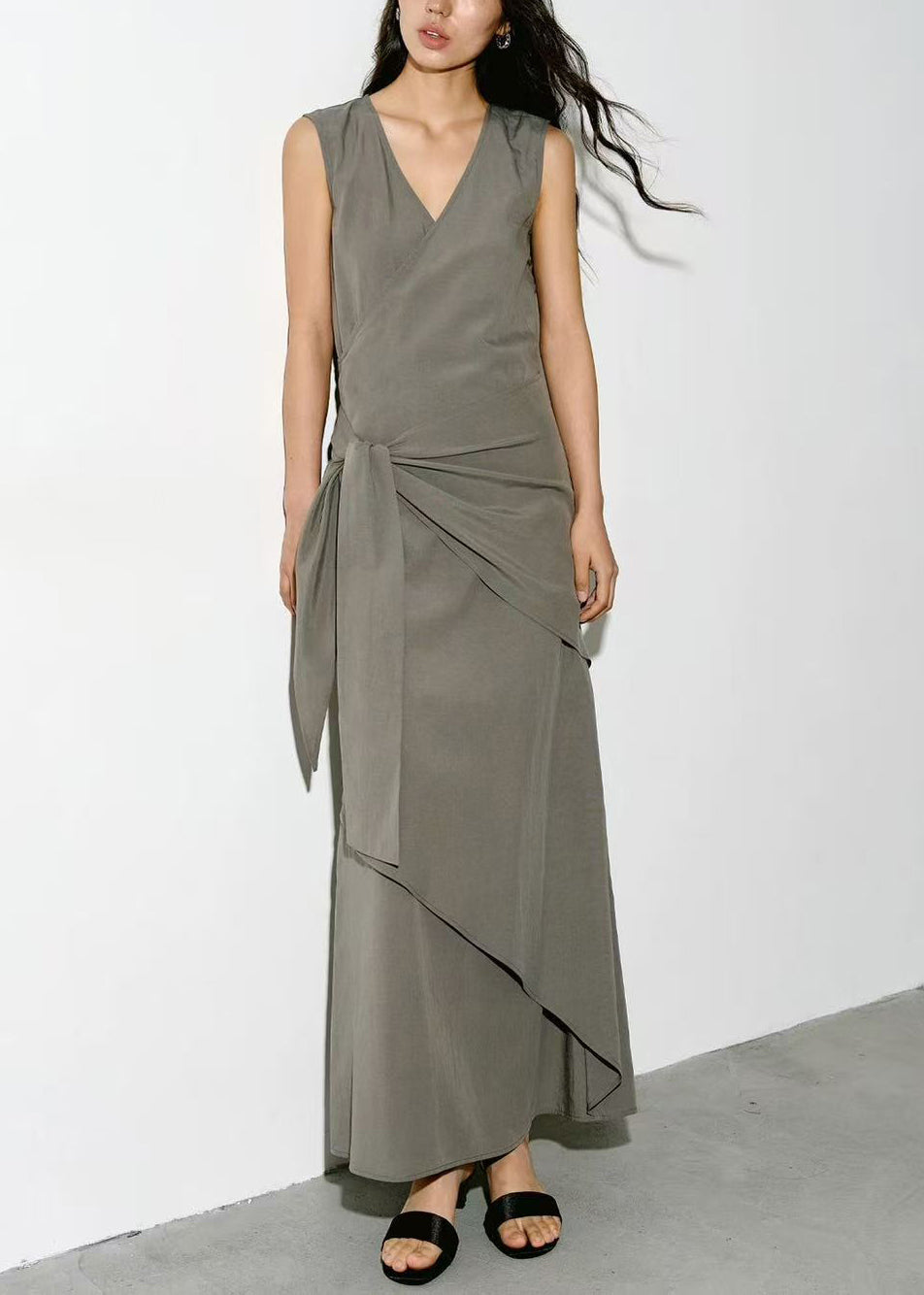 Italian Grey V Neck Asymmetrical Tie Waist Dress Sleeveless