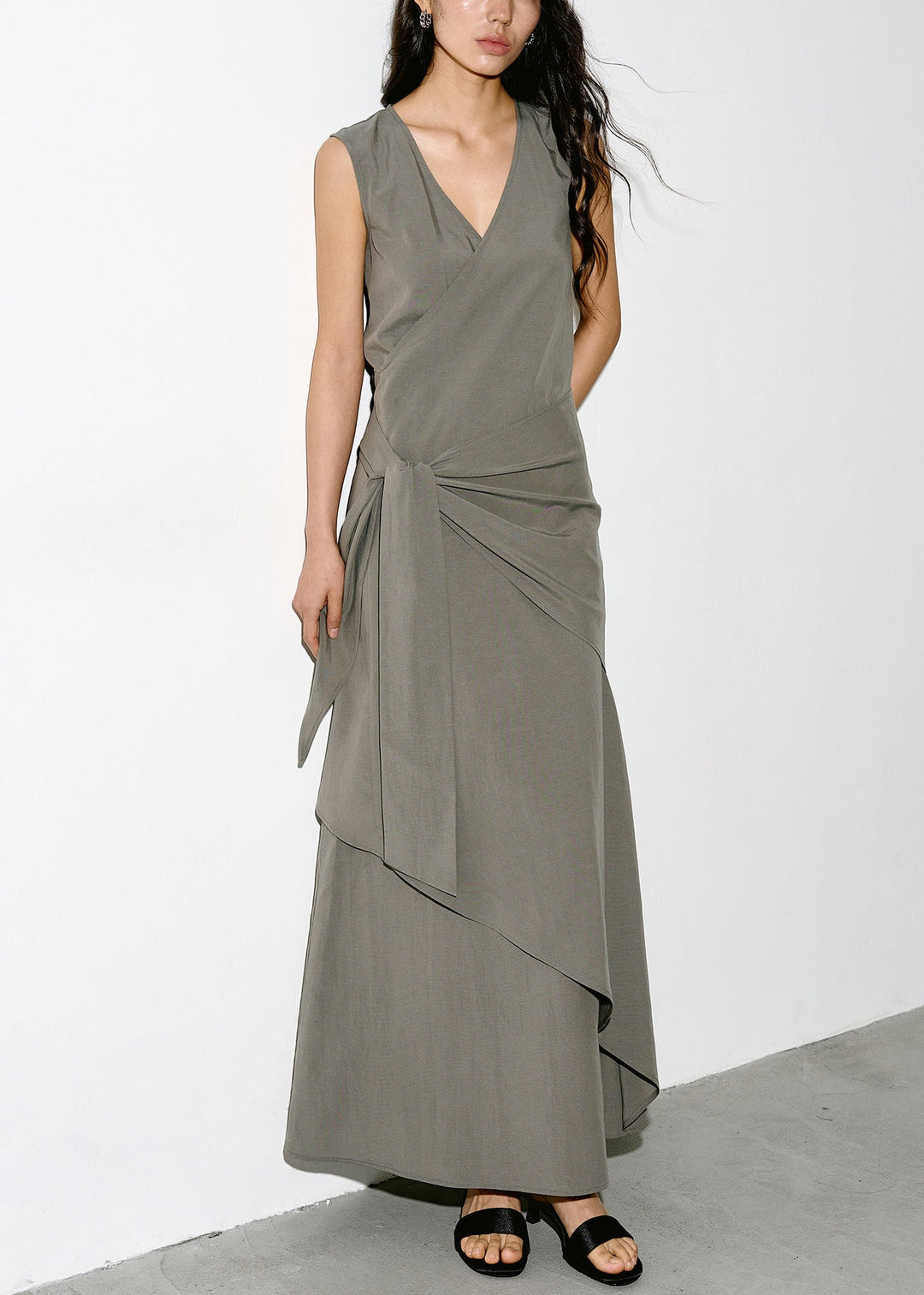 Italian Grey V Neck Asymmetrical Tie Waist Dress Sleeveless