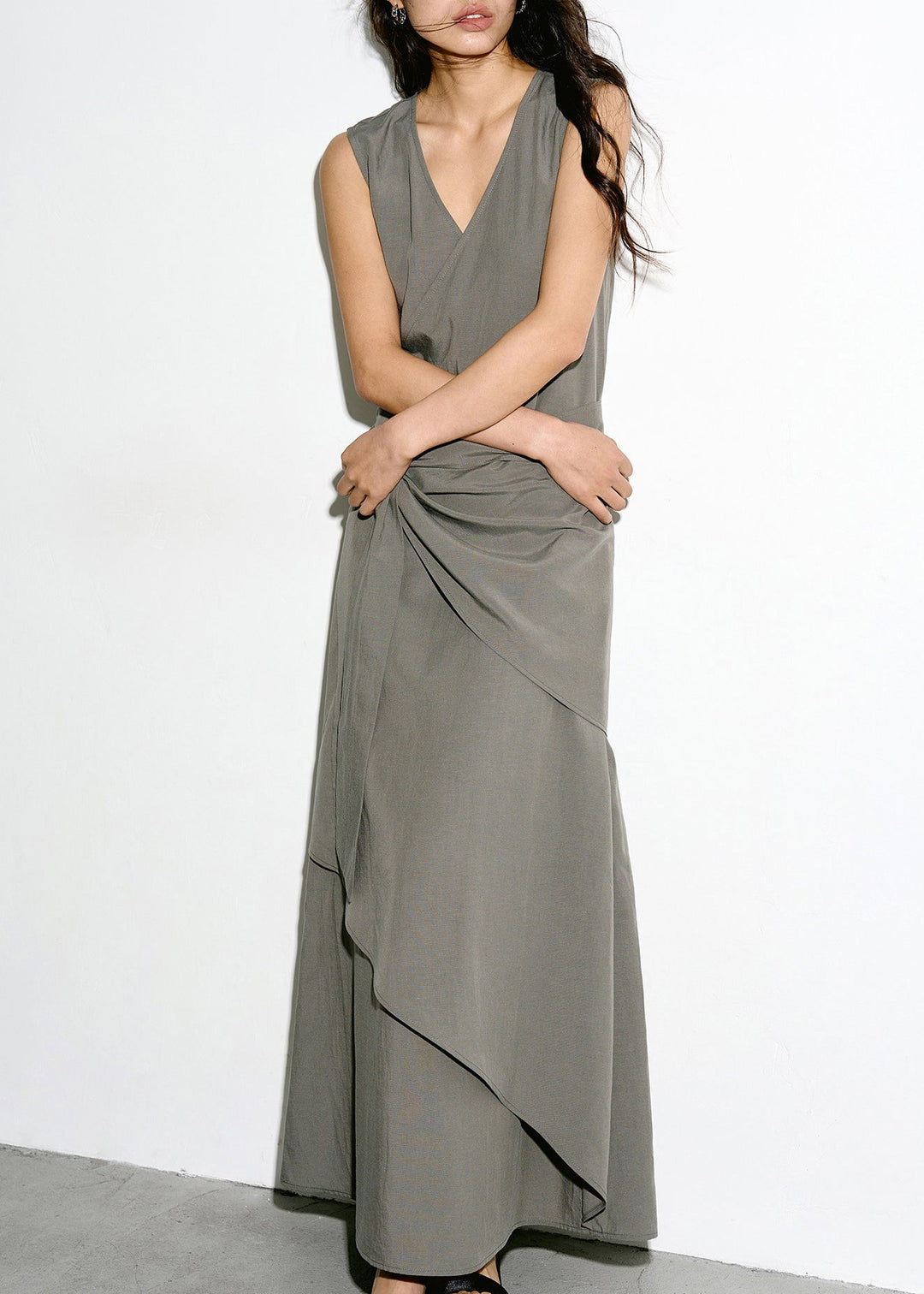 Italian Grey V Neck Asymmetrical Tie Waist Dress Sleeveless