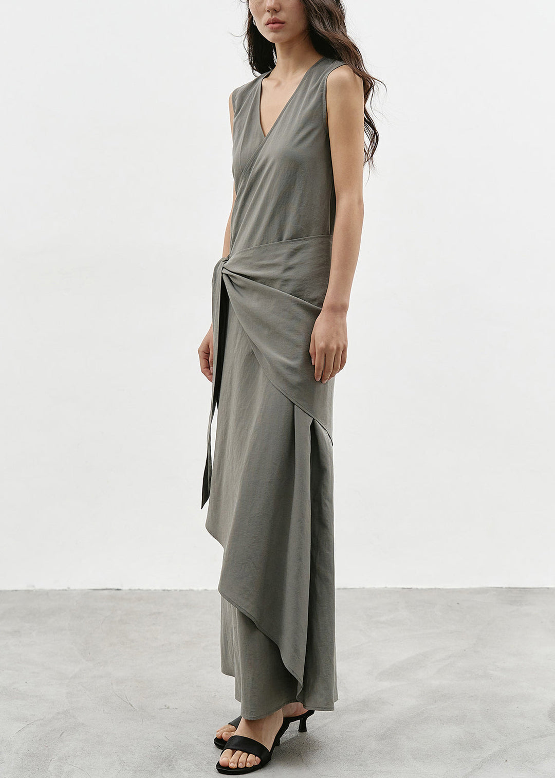 Italian Grey V Neck Asymmetrical Tie Waist Dress Sleeveless