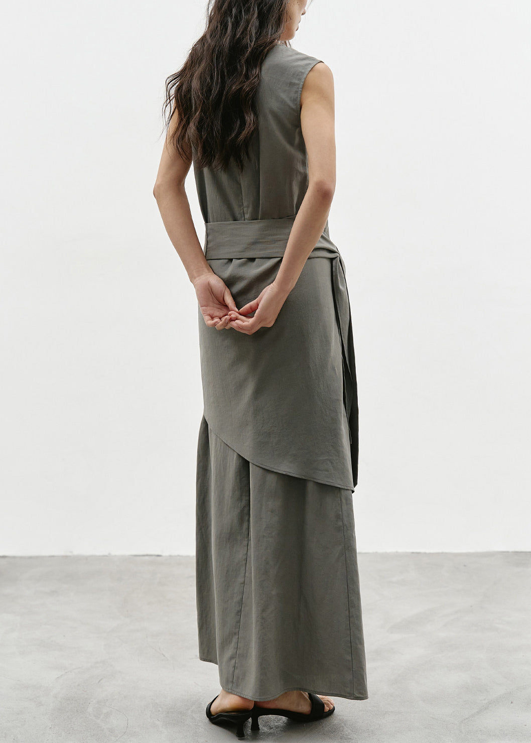 Italian Grey V Neck Asymmetrical Tie Waist Dress Sleeveless