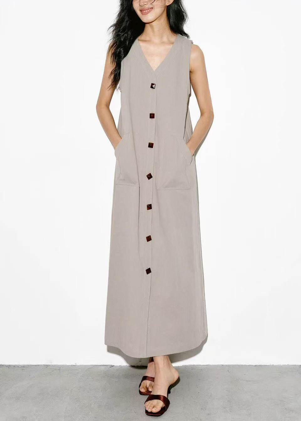 Italian Grey V Neck Pockets Cotton Maxi Dress Sleeveless
