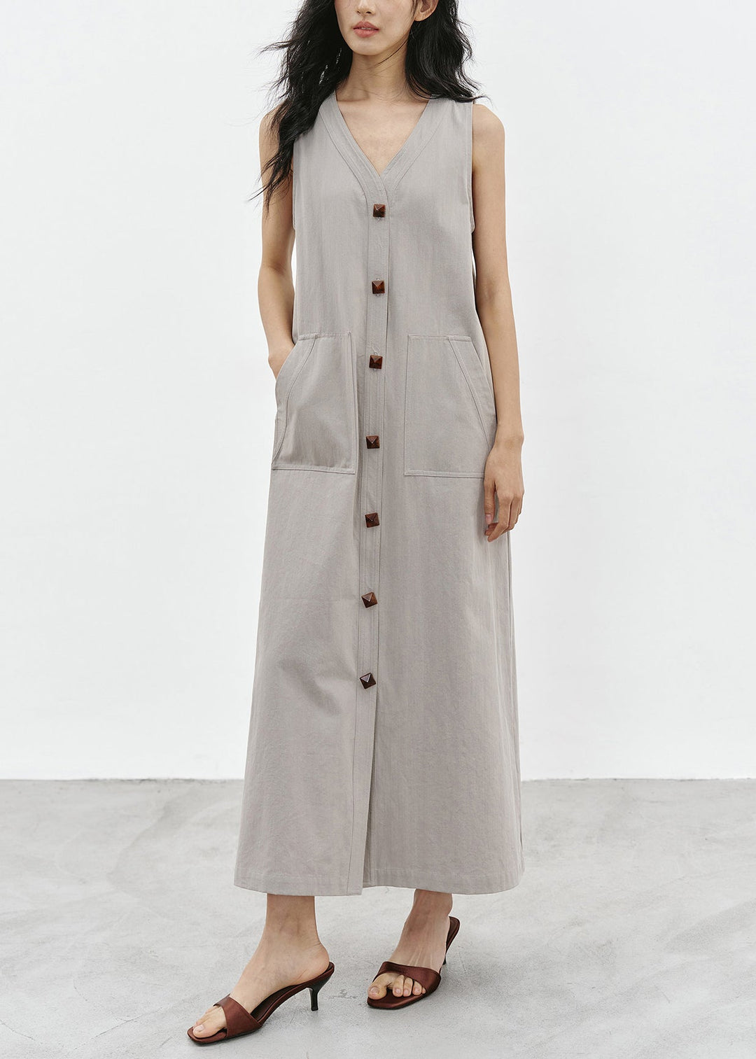 Italian Grey V Neck Pockets Cotton Maxi Dress Sleeveless