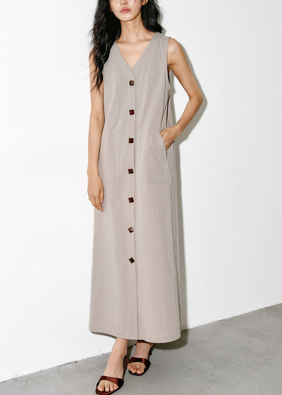 Italian Grey V Neck Pockets Cotton Maxi Dress Sleeveless