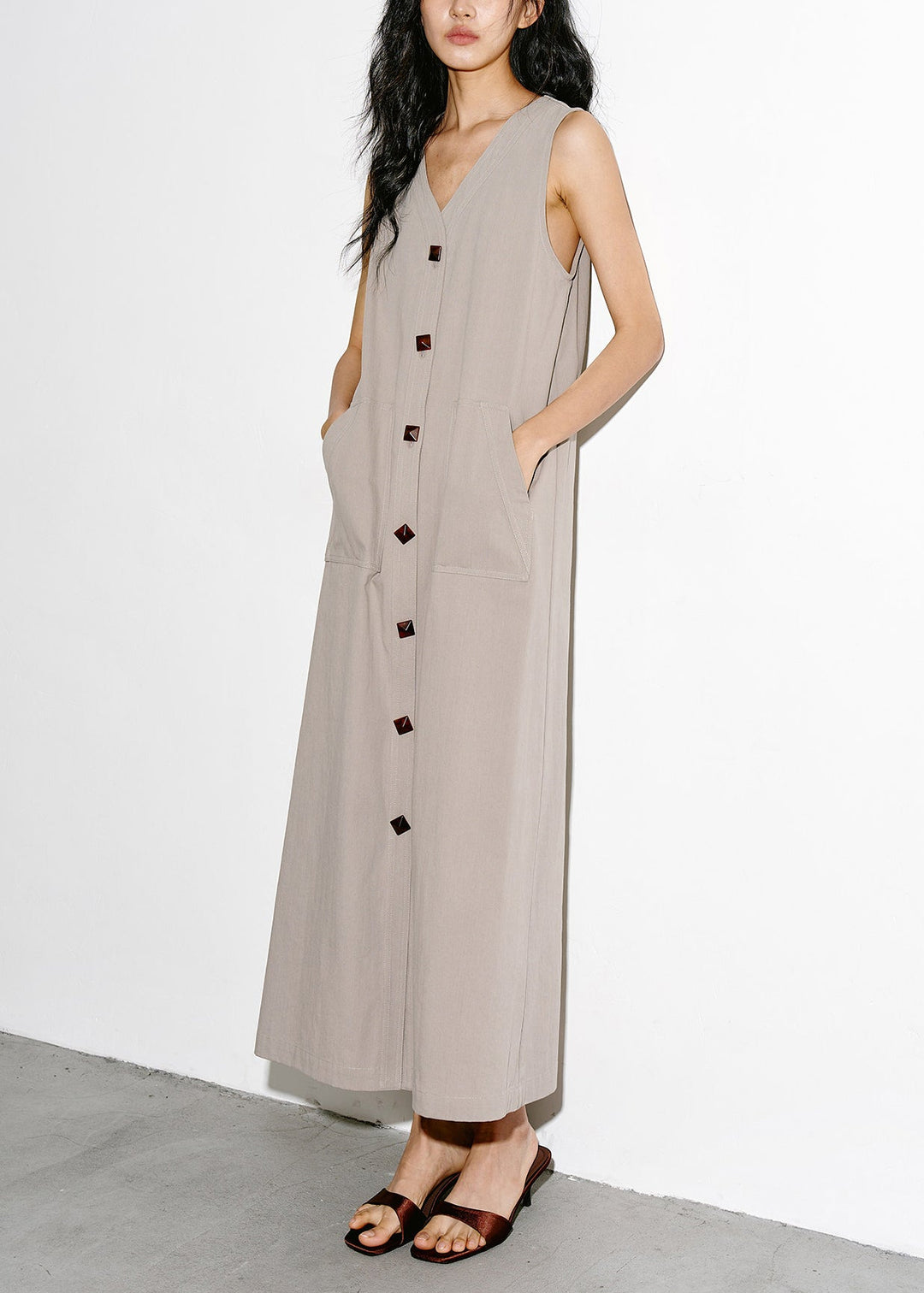 Italian Grey V Neck Pockets Cotton Maxi Dress Sleeveless