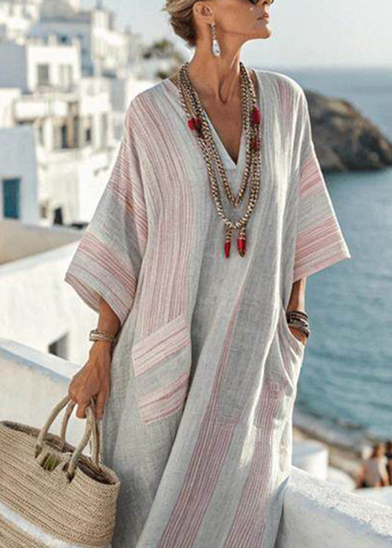 Italian Grey V Neck Striped Maxi Dresses Summer