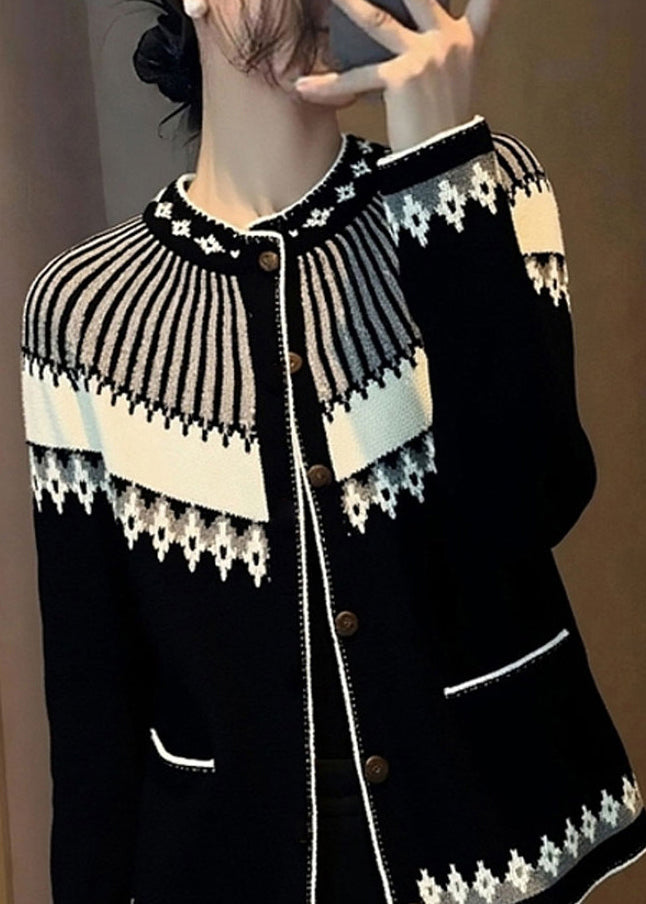 Italian Jacquard Black Stand Collar Button Cotton Knit Cardigans Fall