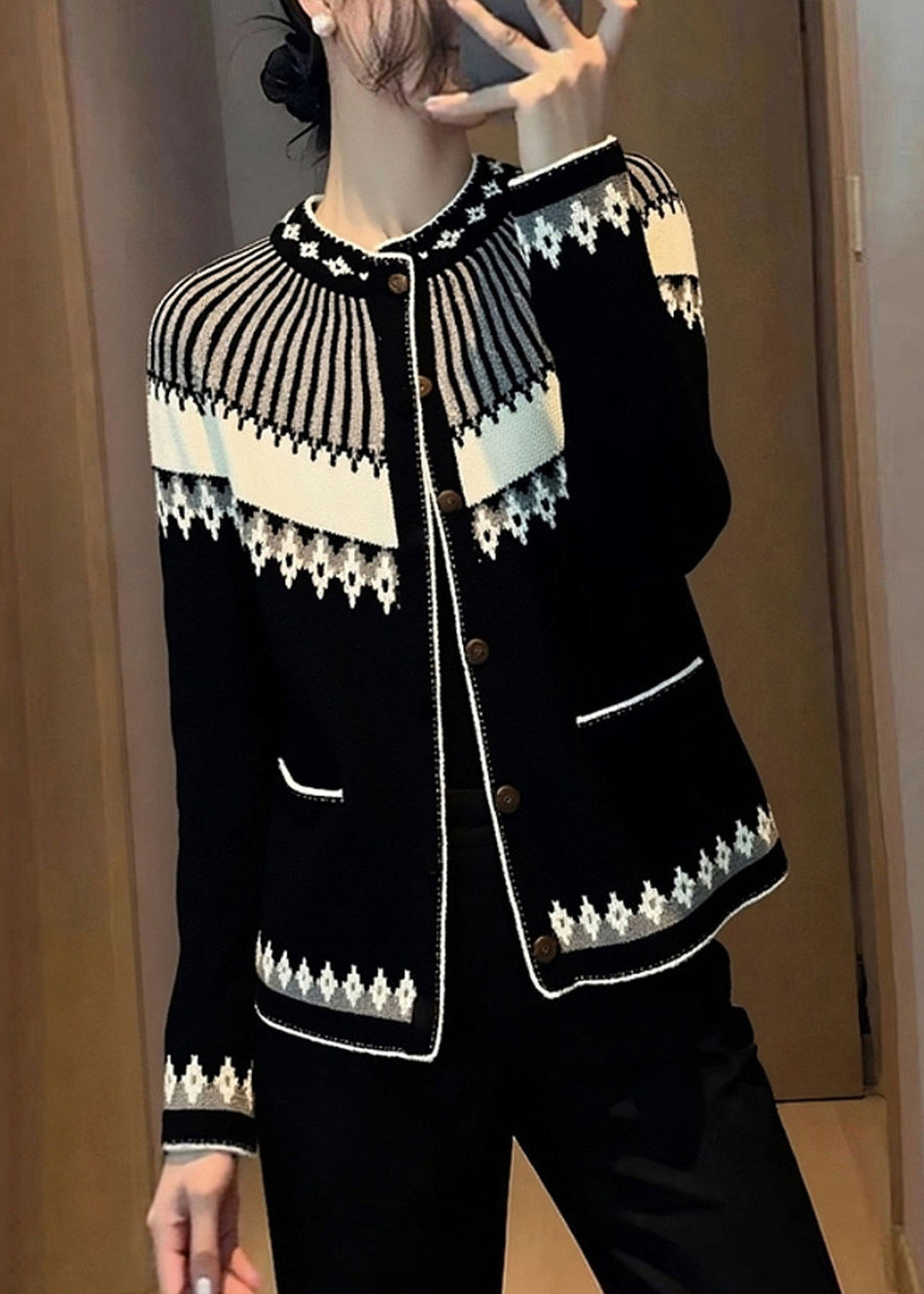 Italian Jacquard Black Stand Collar Button Cotton Knit Cardigans Fall
