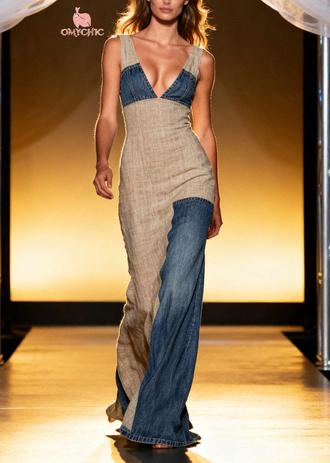 Italian Khaki Asymmetrical Denim Patchwork Linen Long Dress Summer