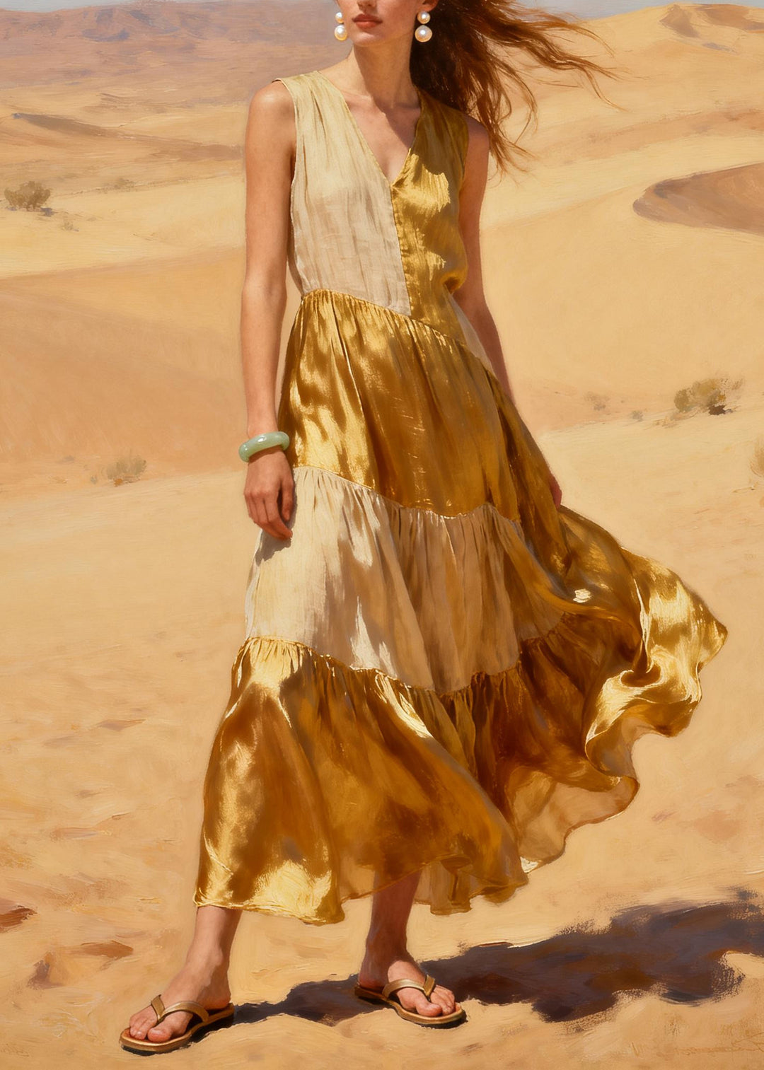 Italian Khaki Asymmetrical Patchwork Linen Silk Long Dress Summer