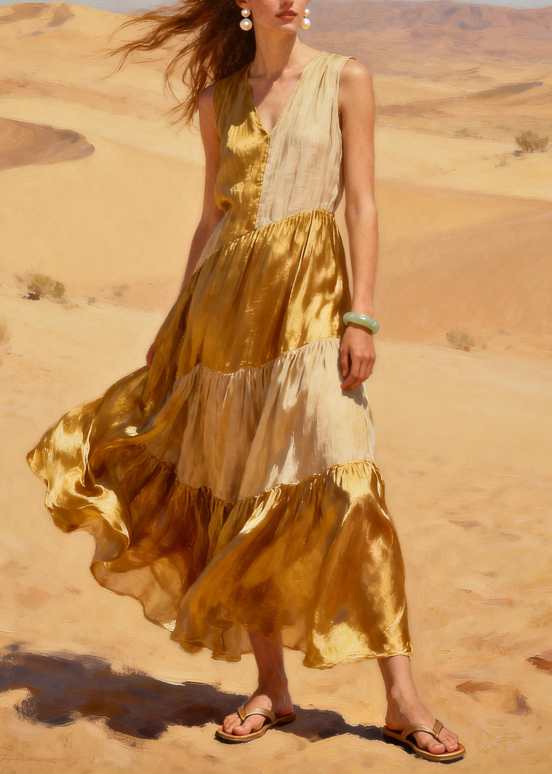 Italian Khaki Asymmetrical Patchwork Linen Silk Long Dress Summer