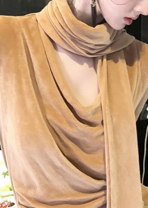 Italian Khaki Bow Solid Silk Velour T Shirts Winter