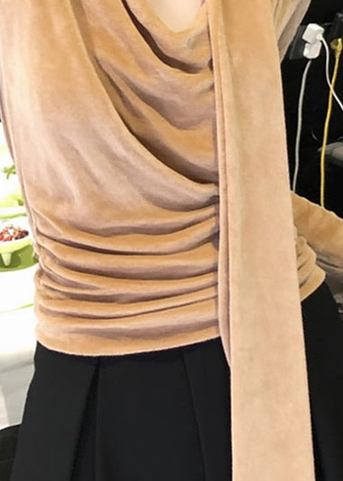 Italian Khaki Bow Solid Silk Velour T Shirts Winter