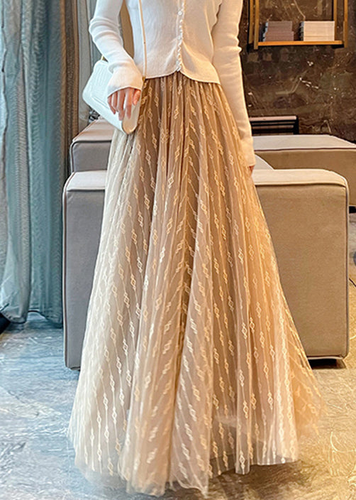 Italian Khaki Embroidered High Waist Tulle Skirts Summer