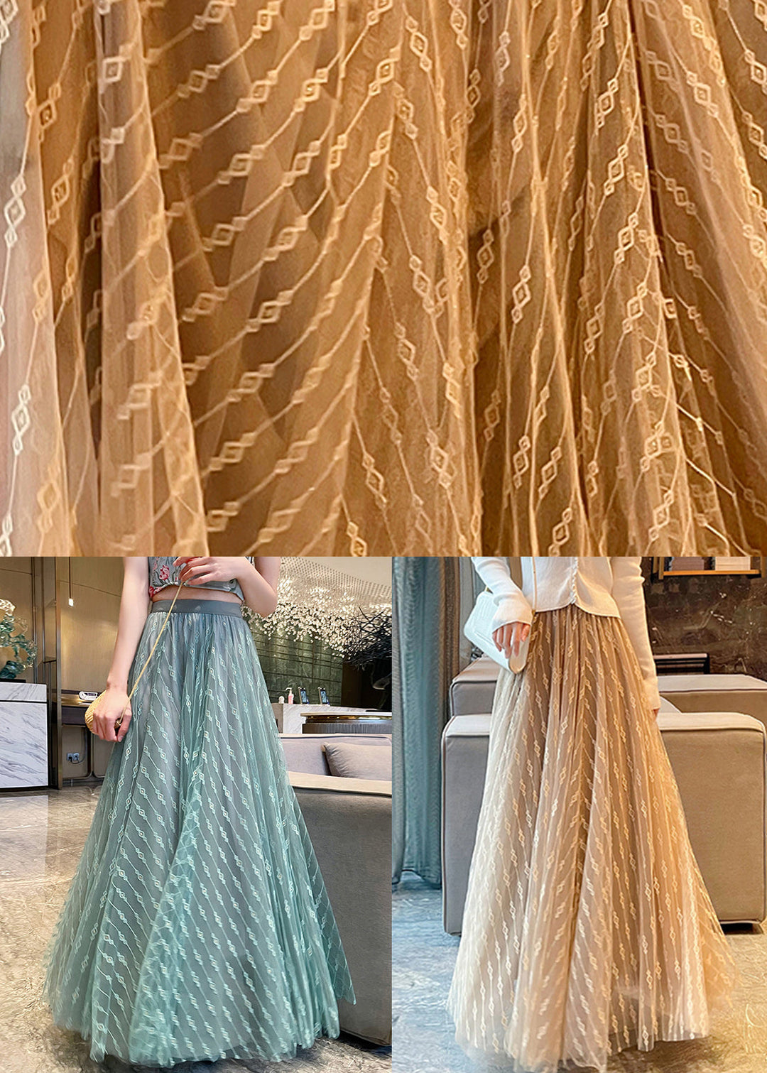 Italian Khaki Embroidered High Waist Tulle Skirts Summer