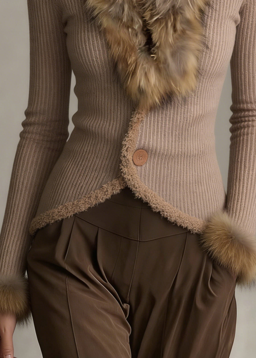 Italian Khaki Faux Fur Collar Patchwork Knit Jackets Winter