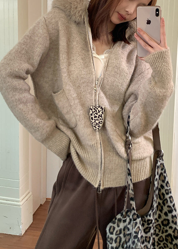 Italian Khaki Hooded Patchwork Faux Fur Knit Coats Winter