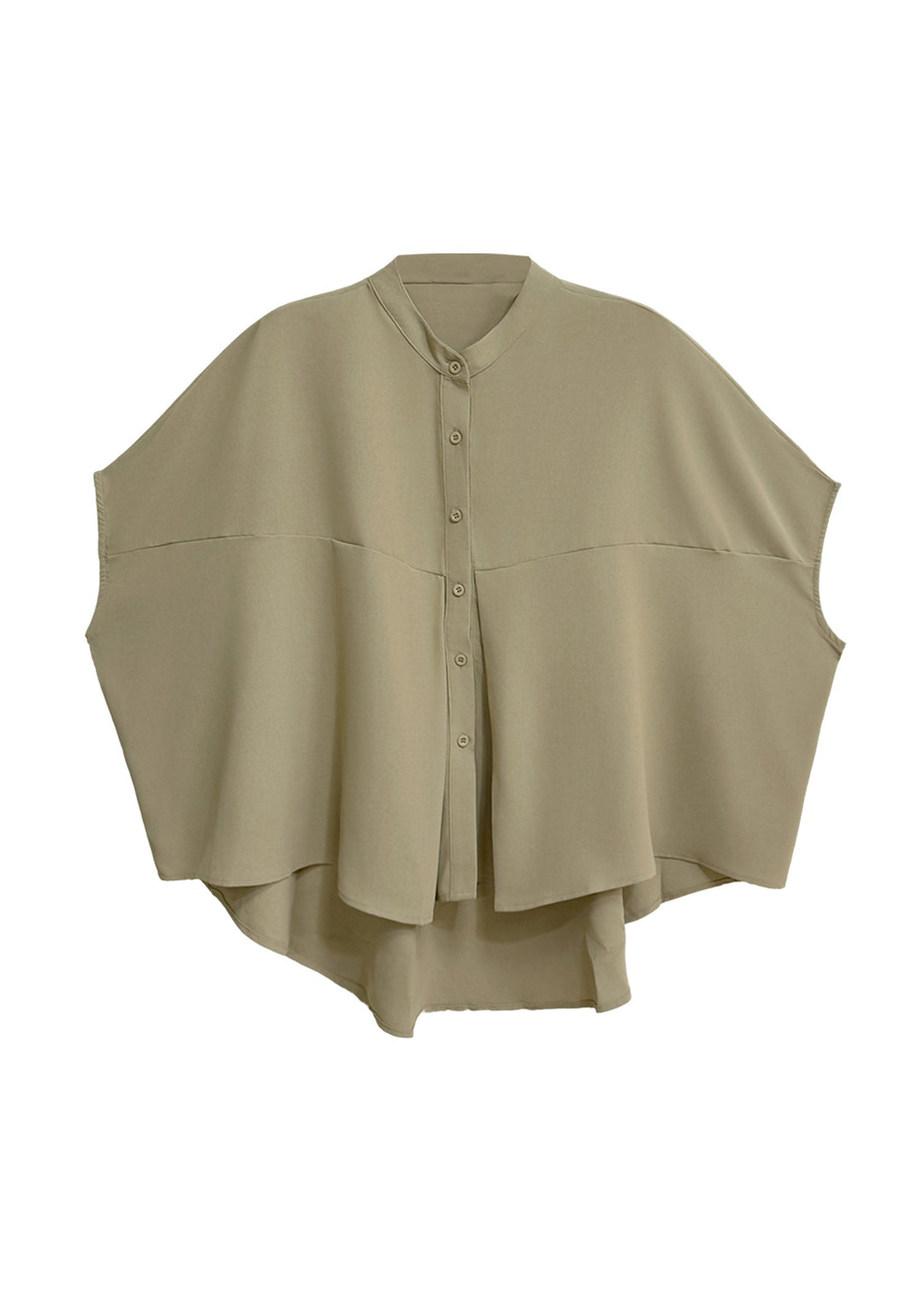 Italian Khaki O Neck Button Patchwork Cotton Shirt Tops Batwing Sleeve