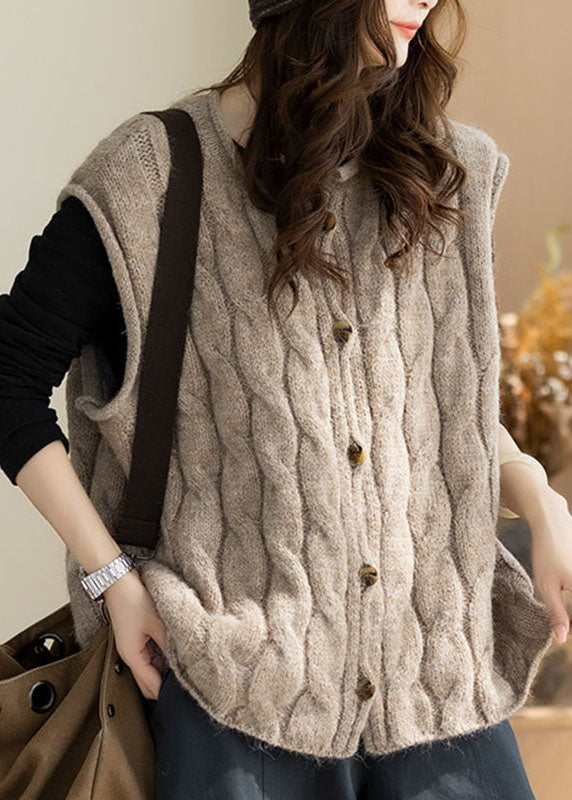 Italian Khaki O-Neck Patchwork Cotton Knit Waistcoat Winter
