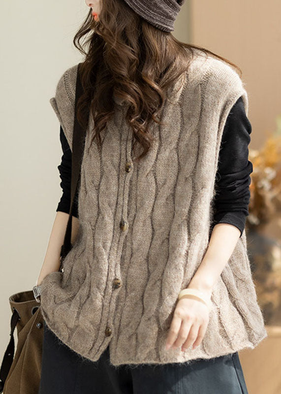 Italian Khaki O-Neck Patchwork Cotton Knit Waistcoat Winter