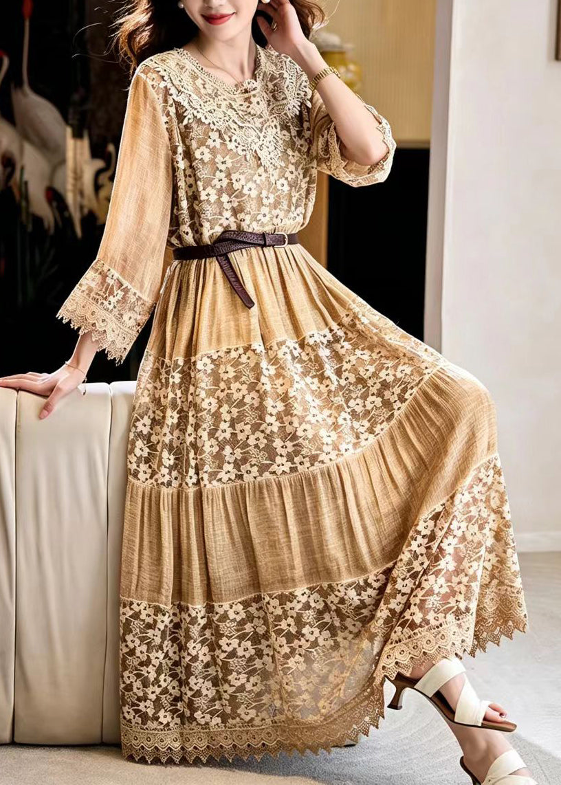 Italian Khaki O-Neck Patchwork Lace Vacation Dresses Fall