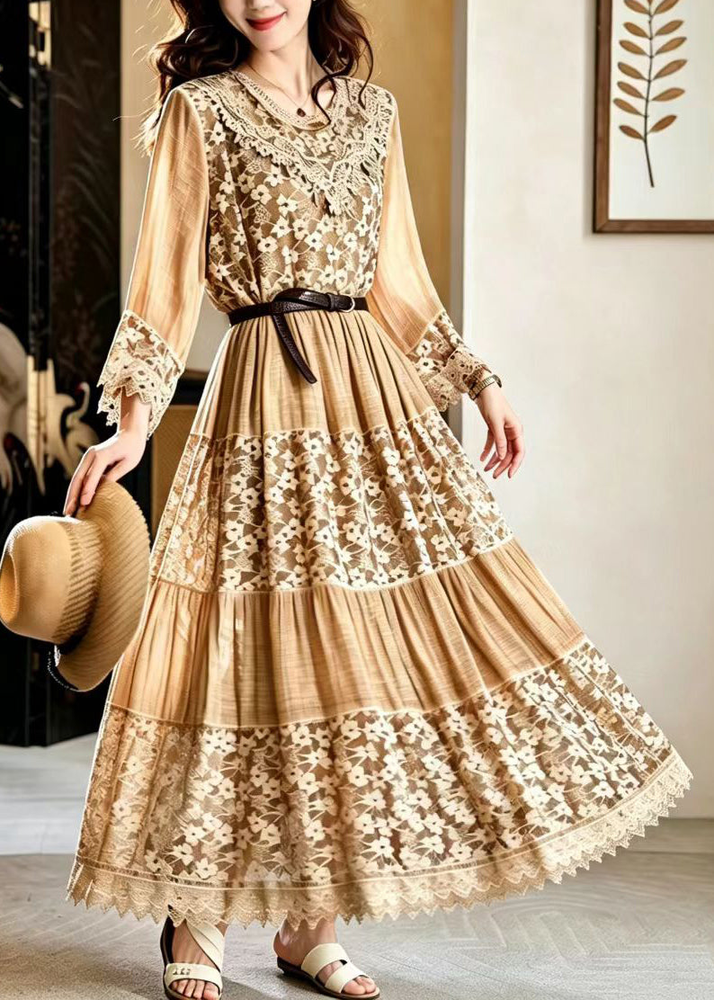 Italian Khaki O-Neck Patchwork Lace Vacation Dresses Fall