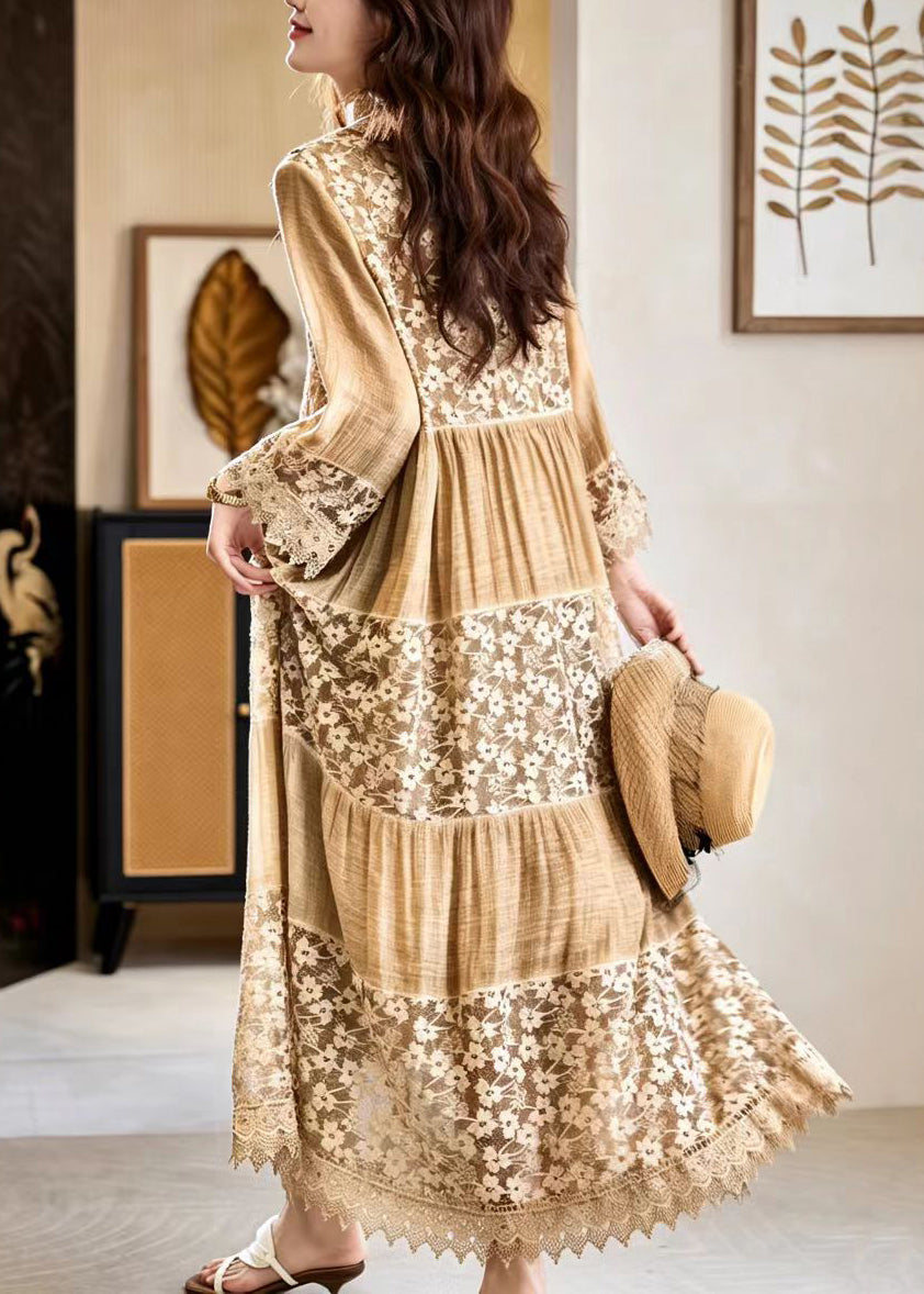 Italian Khaki O-Neck Patchwork Lace Vacation Dresses Fall