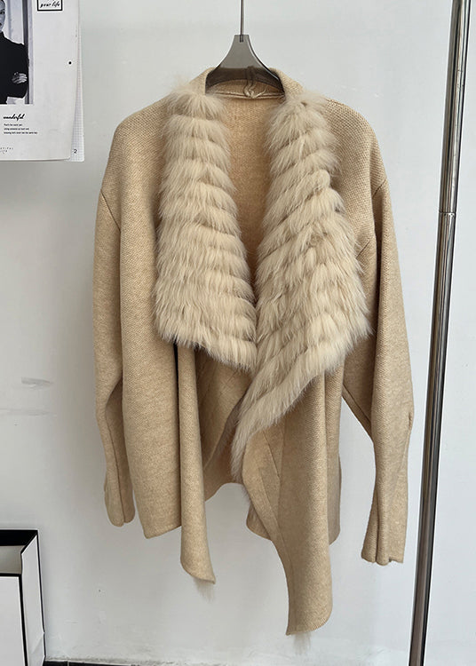 Italian Khaki Peter Pan Collar Fox Collar Patchwork Woolen Cardigan Fall