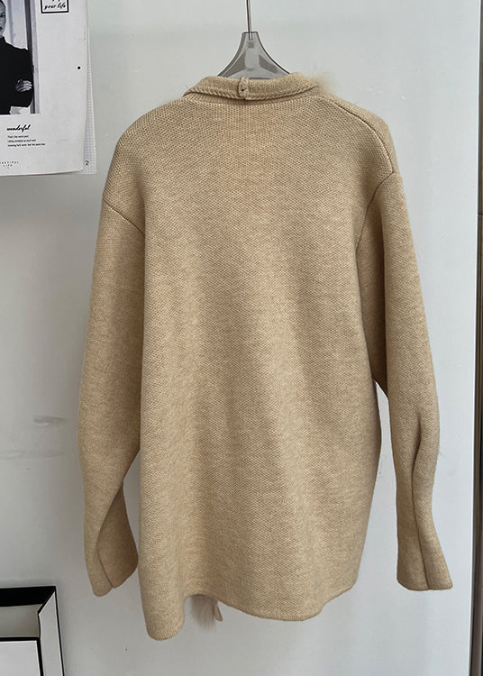 Italian Khaki Peter Pan Collar Fox Collar Patchwork Woolen Cardigan Fall