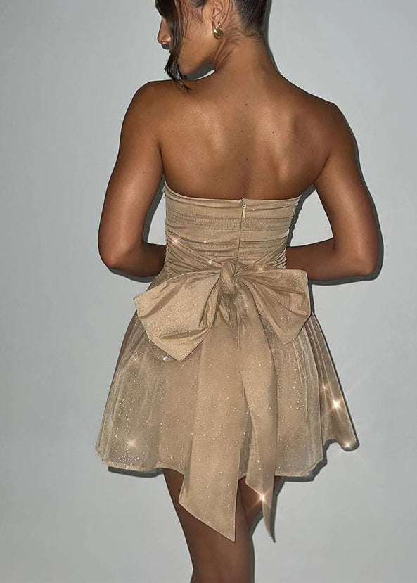 Italian Khaki Sequins Tulle Mini Strapless Dresses Summer
