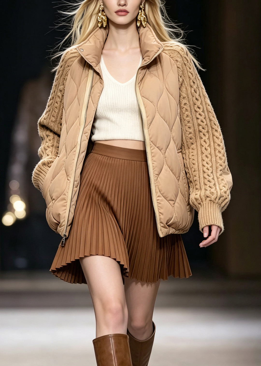Italian Khaki Stand Collar Knit Patchwork Fine Cotton Filled Jackets Winter