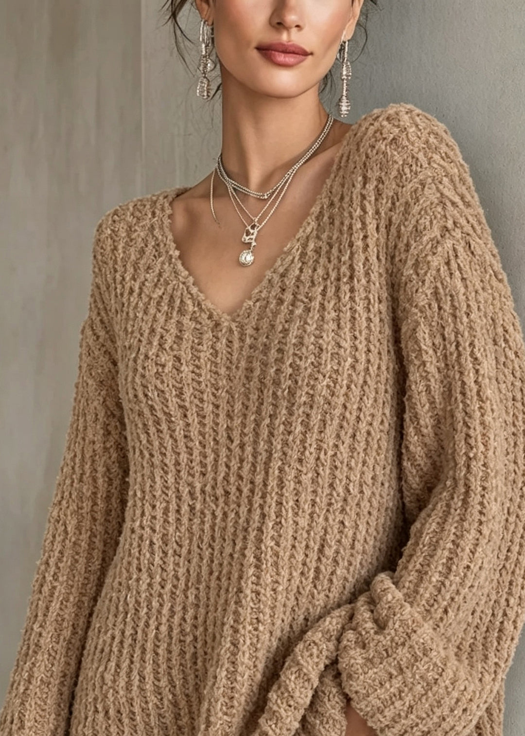 Italian Khaki V Neck Thick Loose Knit Sweaters Fall
