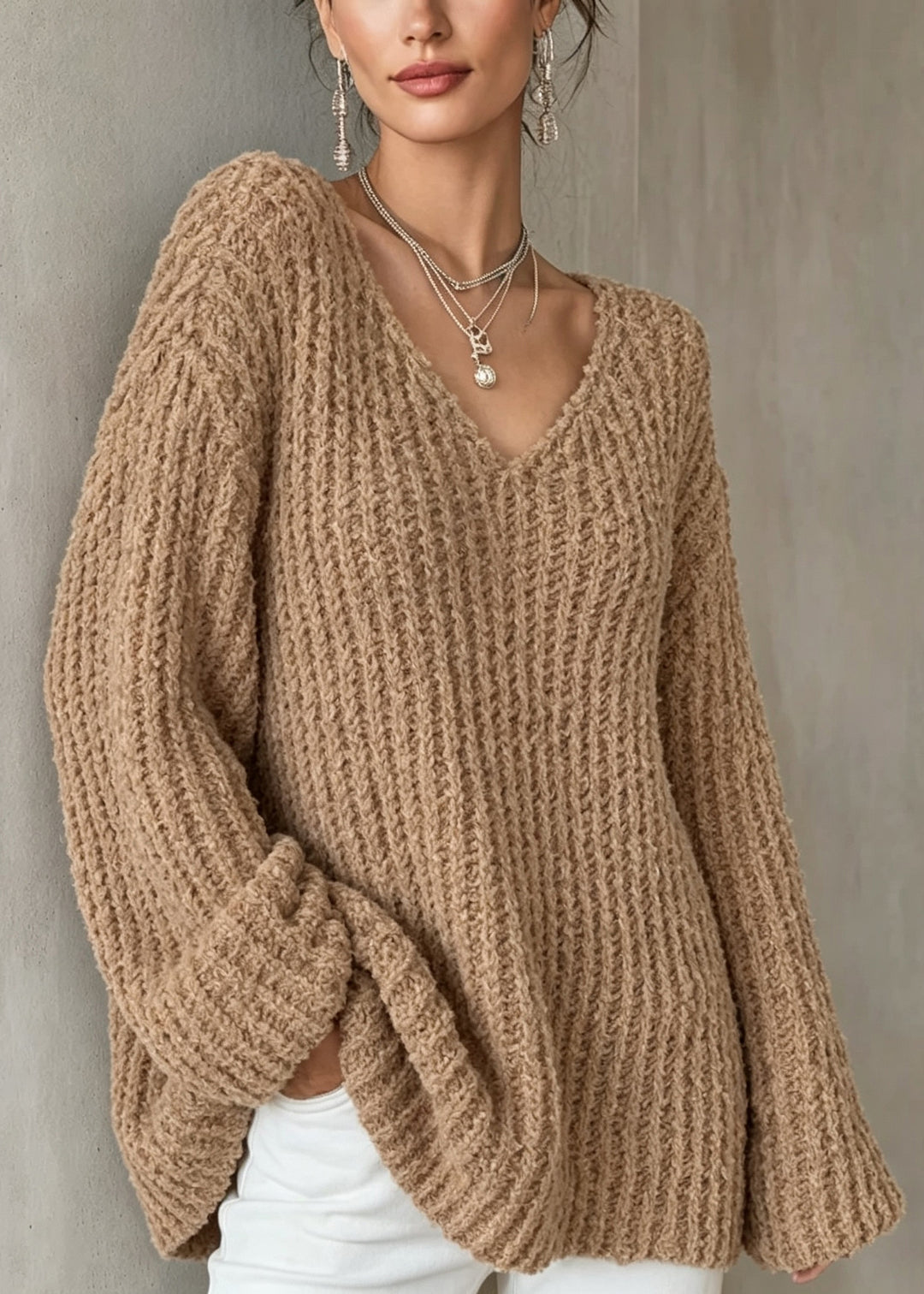 Italian Khaki V Neck Thick Loose Knit Sweaters Fall