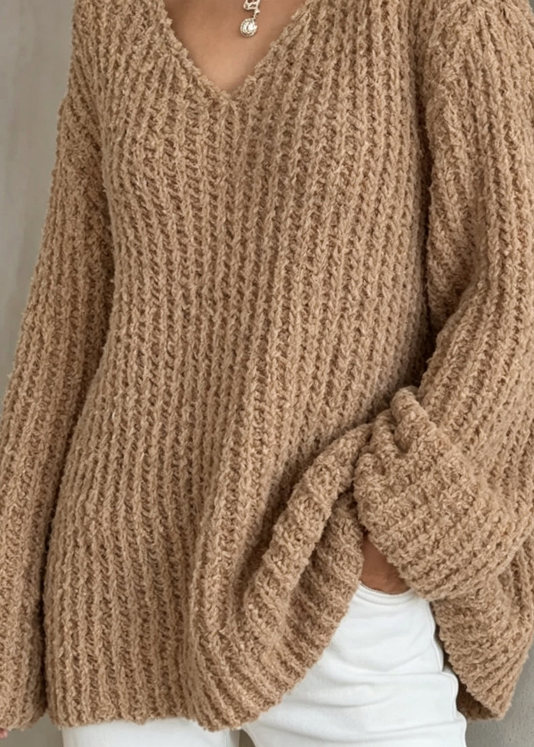 Italian Khaki V Neck Thick Loose Knit Sweaters Fall