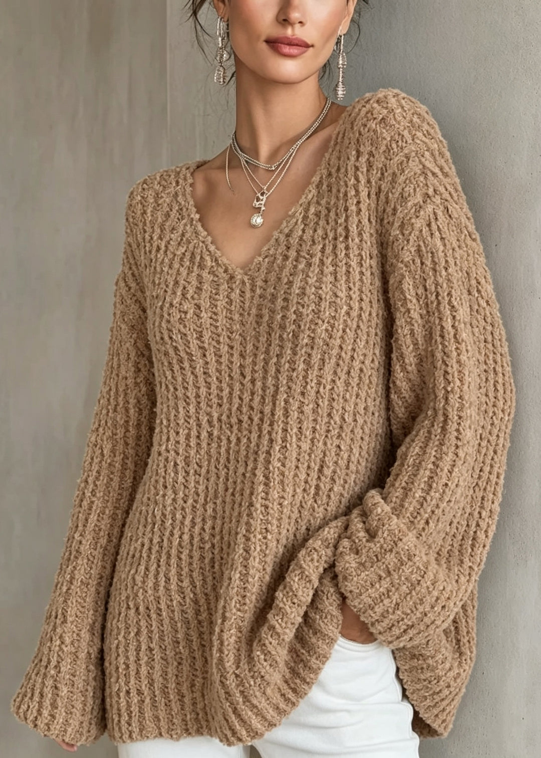 Italian Khaki V Neck Thick Loose Knit Sweaters Fall