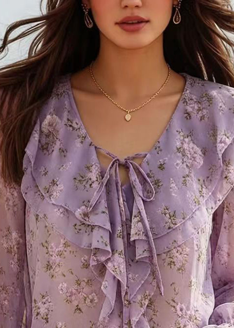 Italian Lavender Ruffled Print Chiffon Shirts Spring
