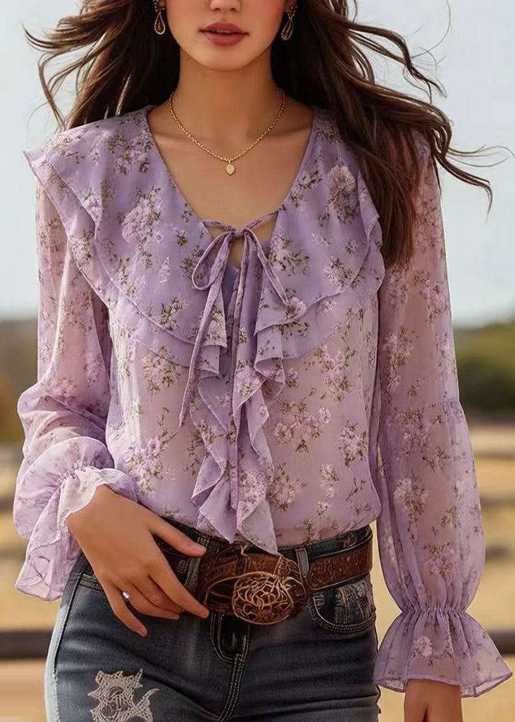 Italian Lavender Ruffled Print Chiffon Shirts Spring