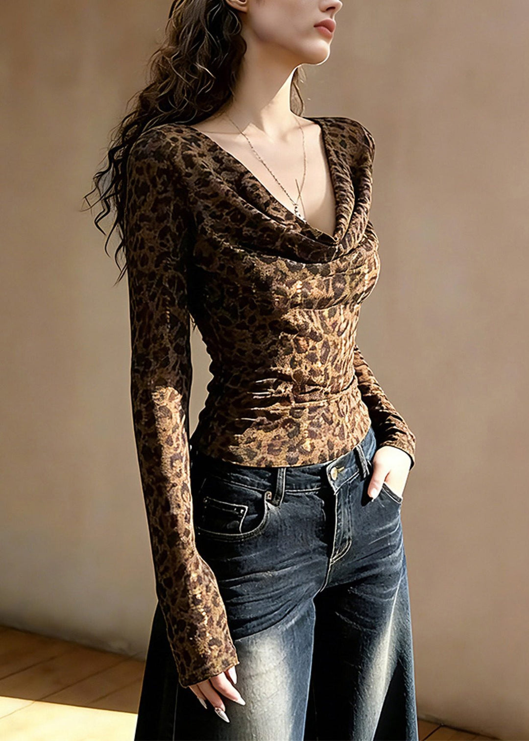 Italian Leopard V Neck Wrinkled Cotton T Shirt Spring