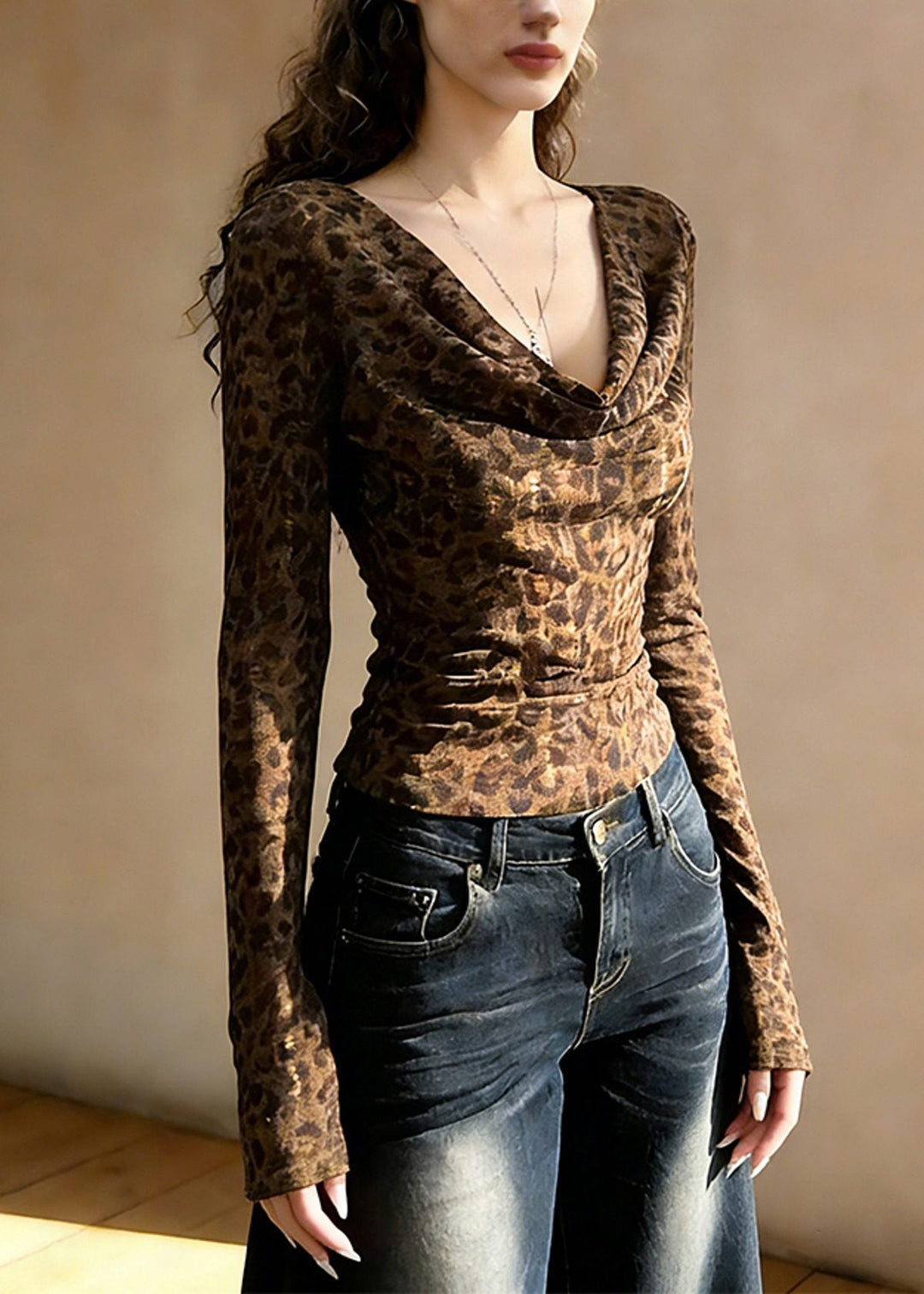 Italian Leopard V Neck Wrinkled Cotton T Shirt Spring