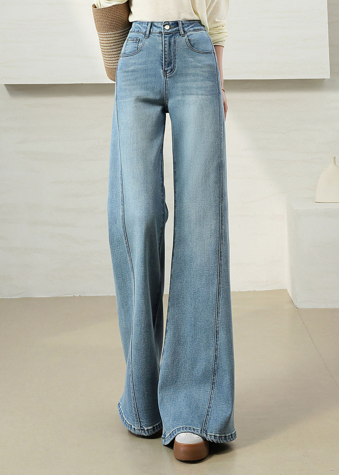 Italian Light Blue High Waist Denim Flare Bottoms Pants Fall