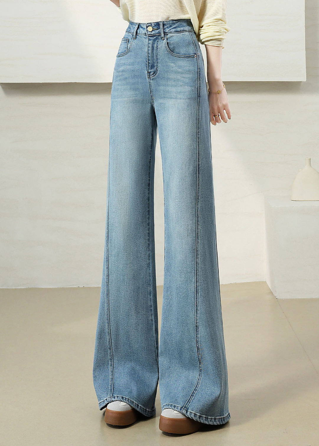 Italian Light Blue High Waist Denim Flare Bottoms Pants Fall