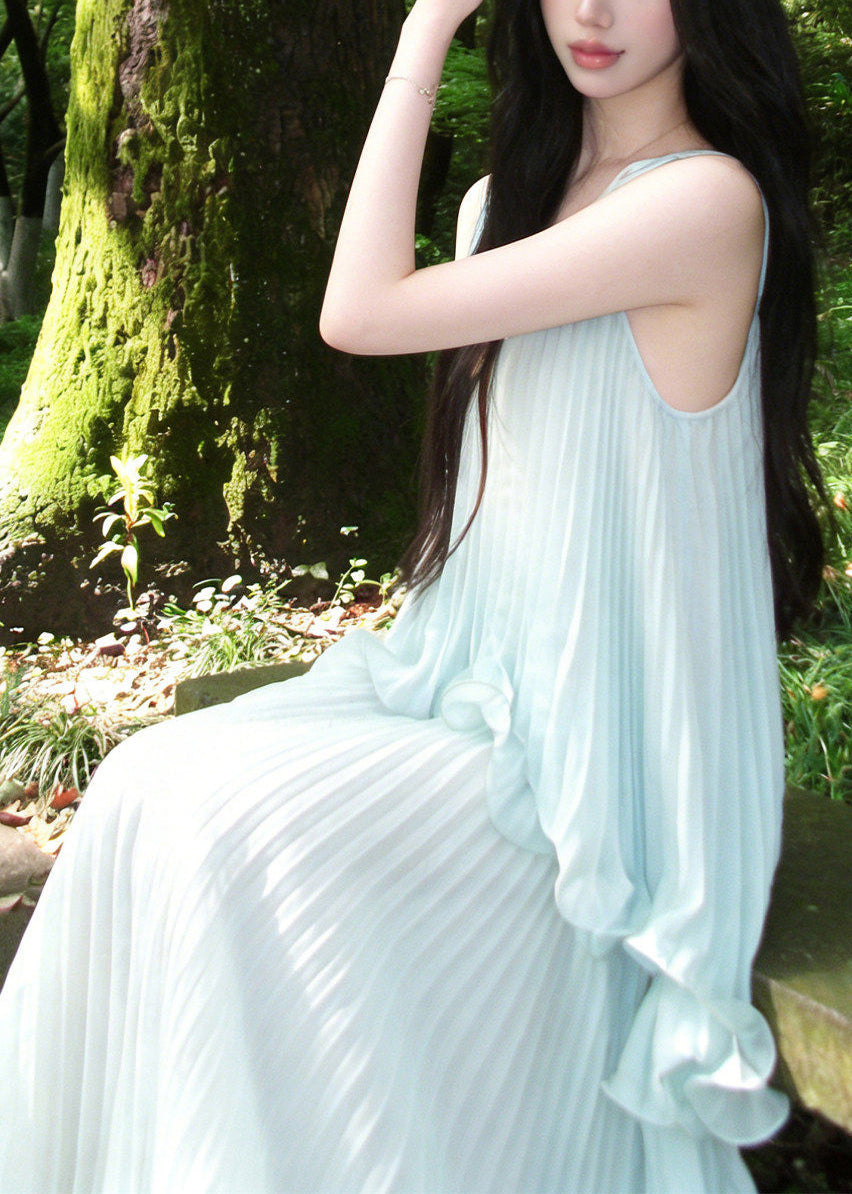 Italian Light Blue Oversized Draping Chiffon Pleated Dresses Summer