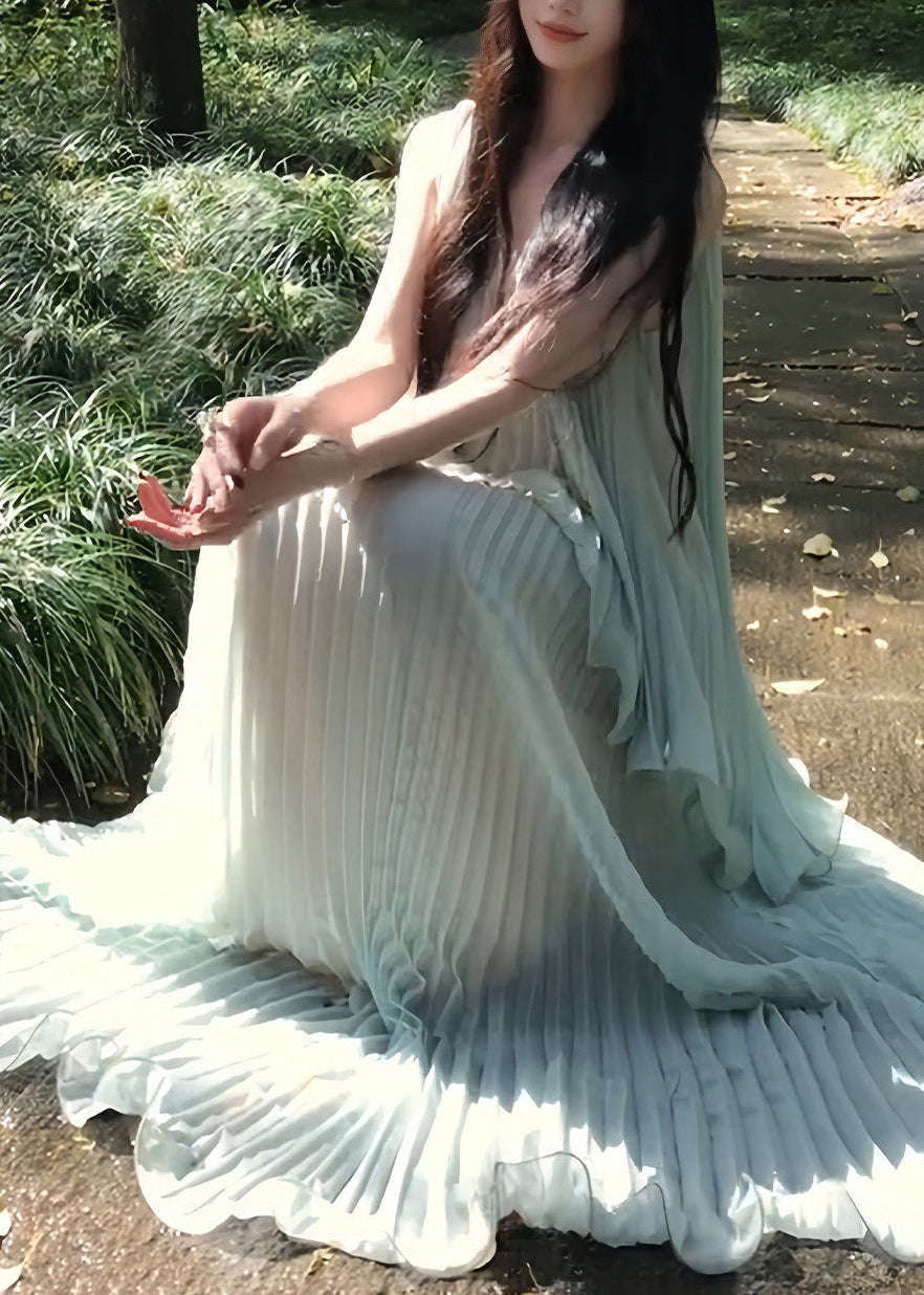 Italian Light Blue Oversized Draping Chiffon Pleated Dresses Summer